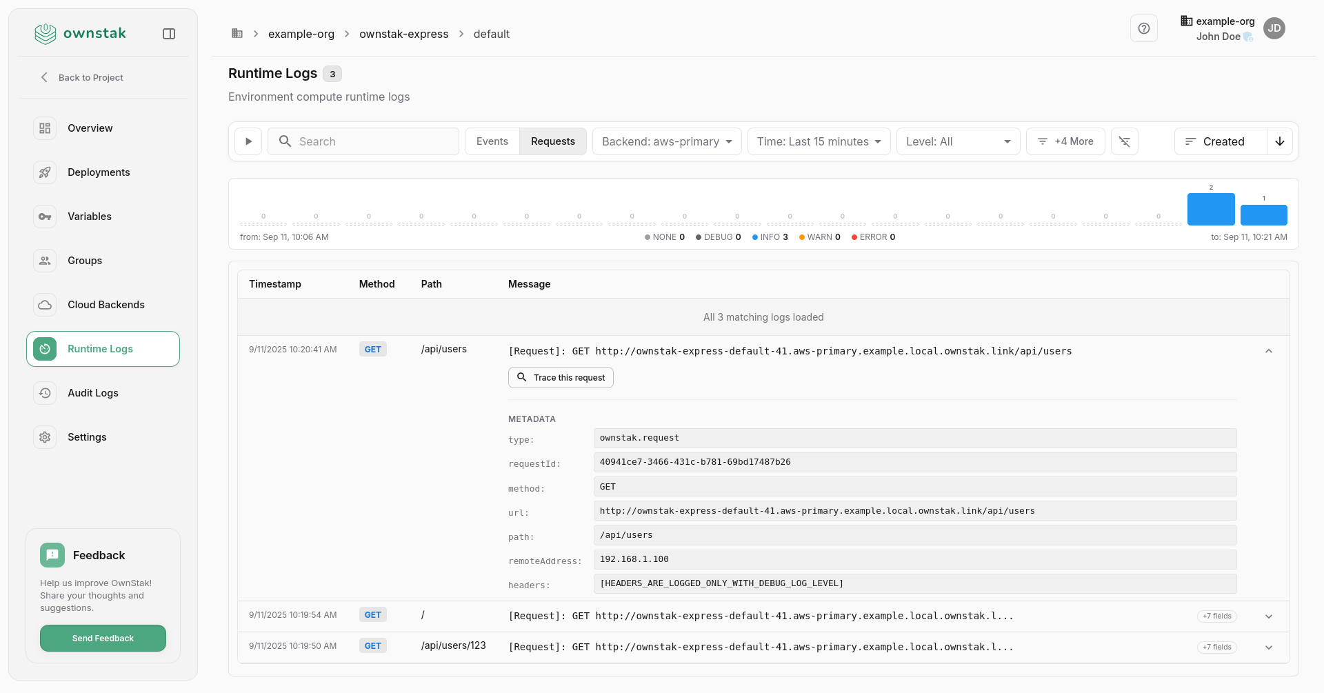 OwnStak Runtime Logs Requests Detail