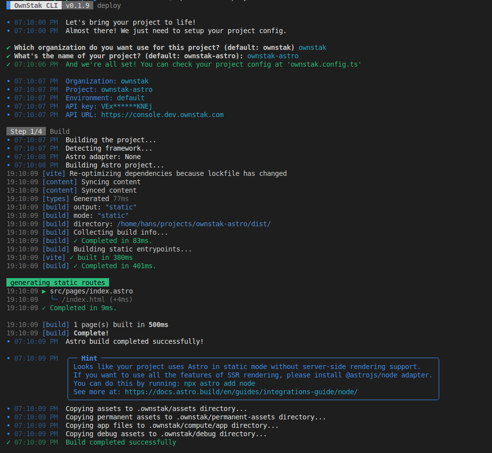 Ownstak deploy build step