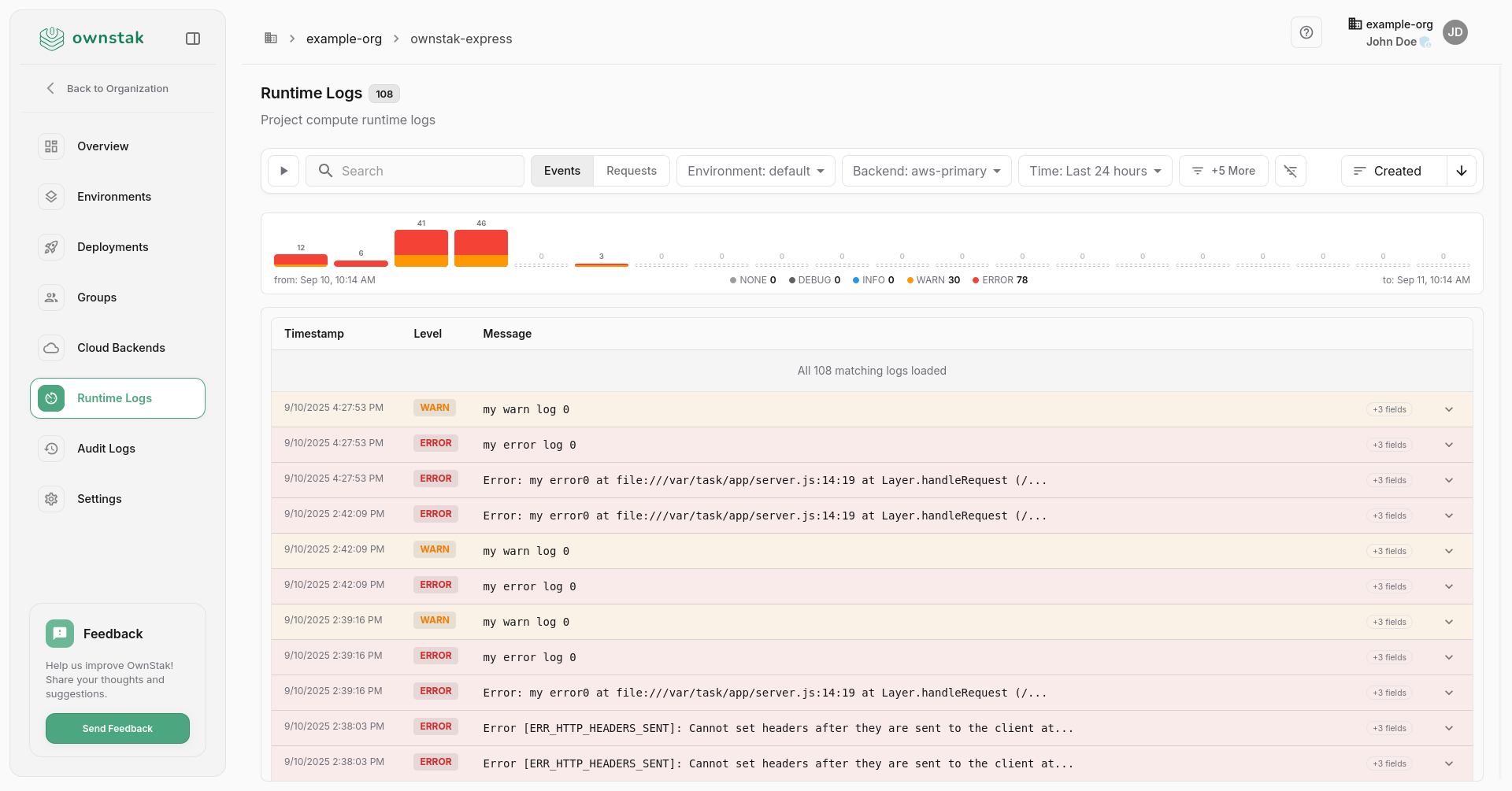OwnStak Runtime Logs Events